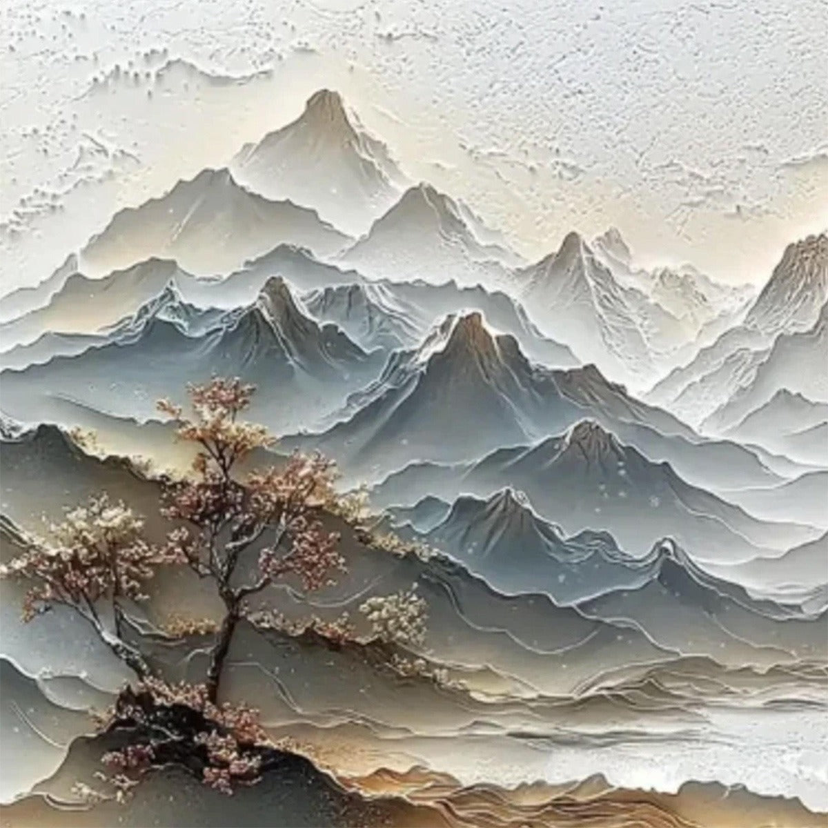 Eternal Horizons hand-painted white and soft grey textured abstract mountain painting shown with gold frame