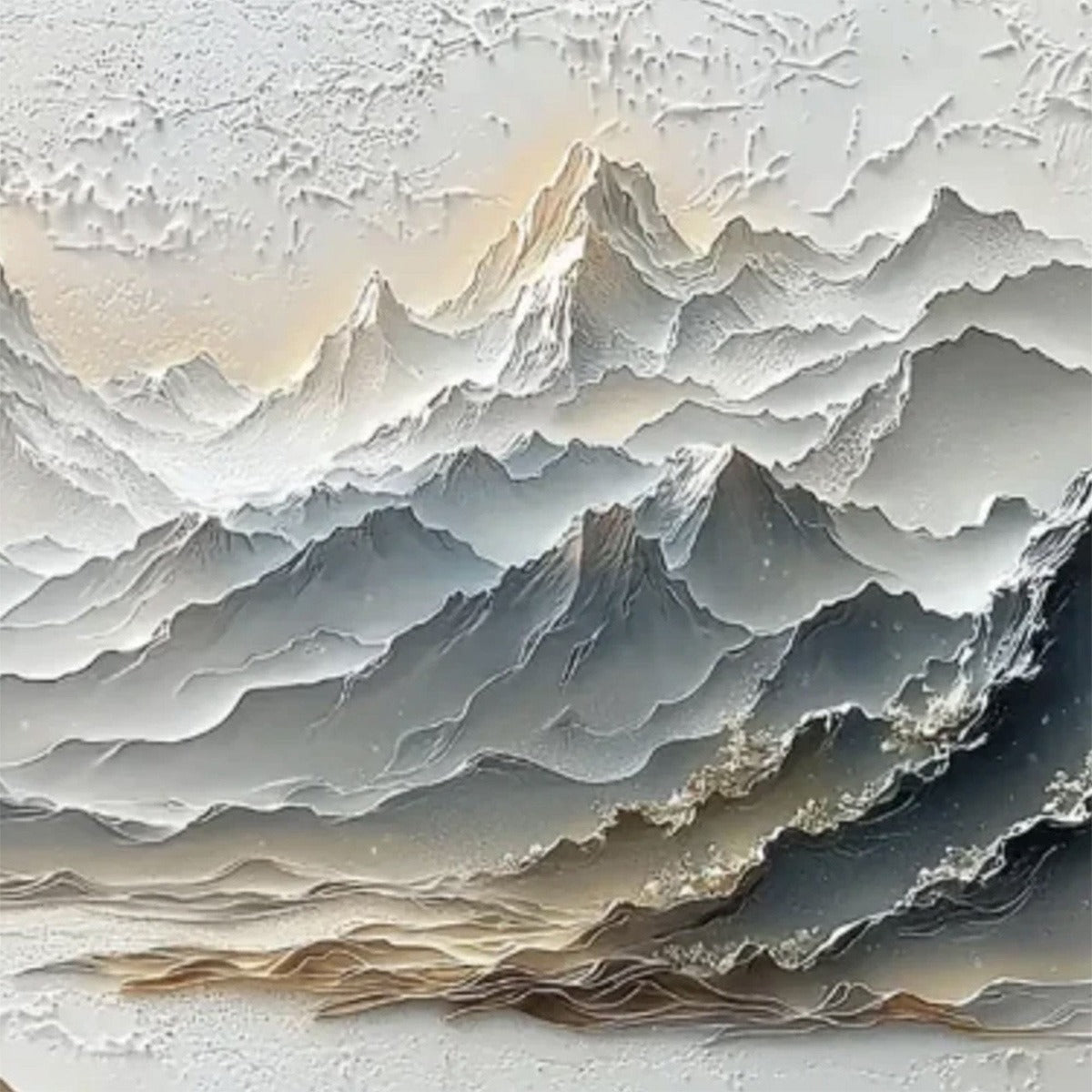 Eternal Horizons hand-painted white and soft grey textured abstract mountain painting shown with white frame