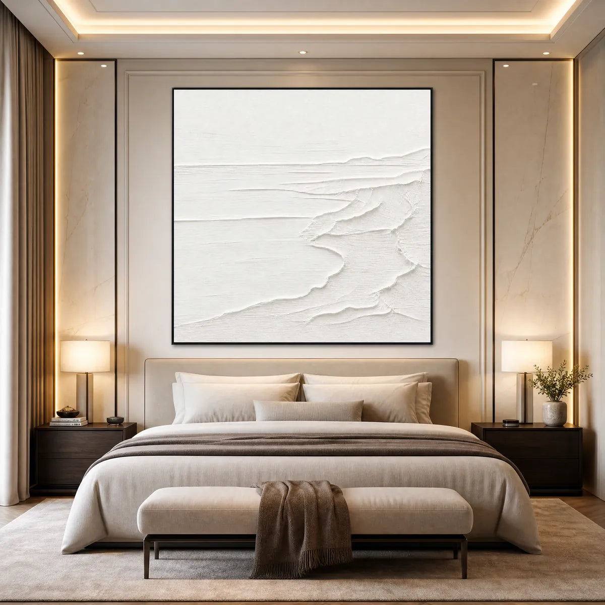 Eternal Shore hand-painted white and soft beige textured ocean wave painting shown with white frame