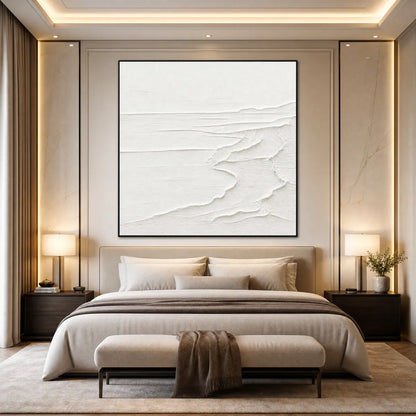 Eternal Shore hand-painted white and soft beige textured ocean wave painting shown with white frame