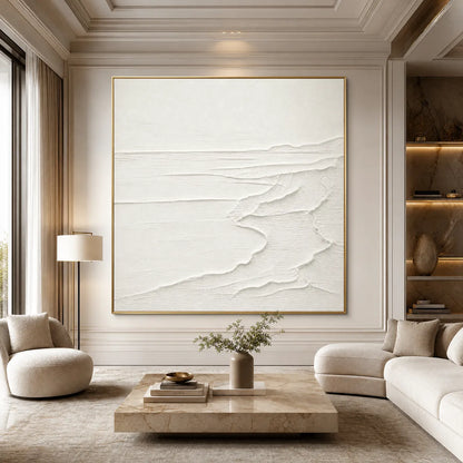 Eternal Shore hand-painted white and soft beige textured ocean wave painting shown with black frame