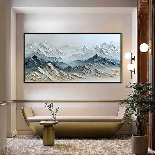 Eternal Summits hand-painted slate blue, ivory and soft grey textured mountain lake painting shown as stretched canvas