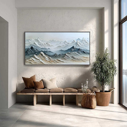 Eternal Summits hand-painted slate blue, ivory and soft grey textured mountain lake painting shown with silver frame