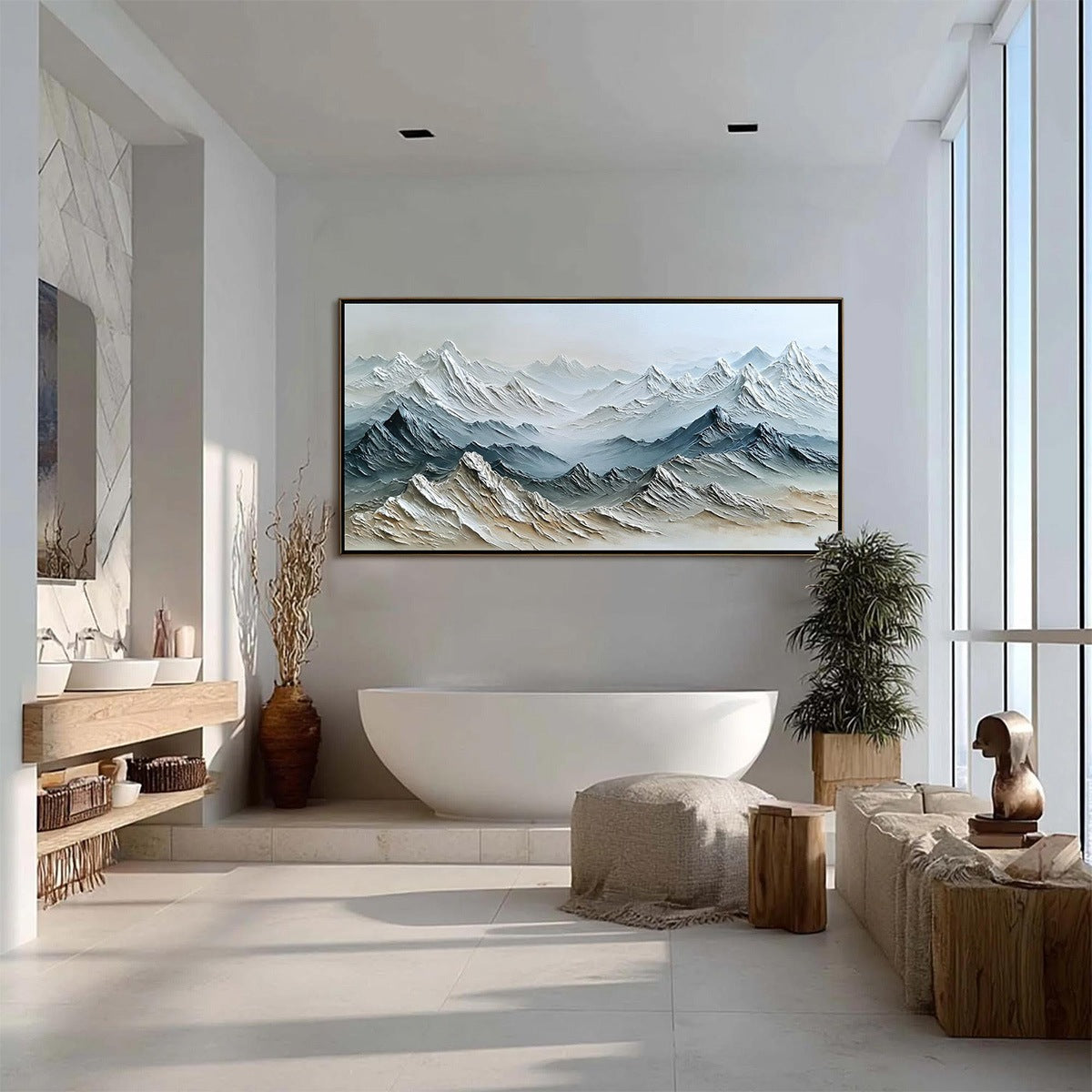 Eternal Summits hand-painted slate blue, ivory and soft grey textured mountain lake painting shown with black frame