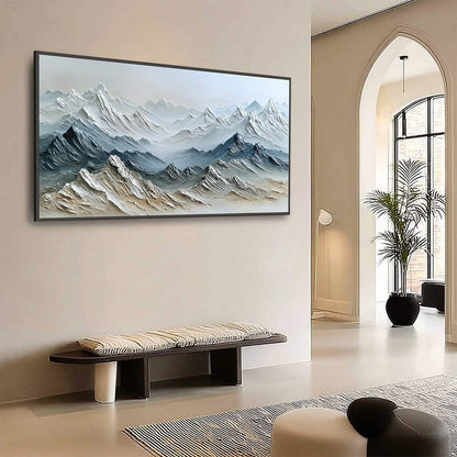 Eternal Summits hand-painted slate blue, ivory and soft grey textured mountain lake painting shown with wood frame