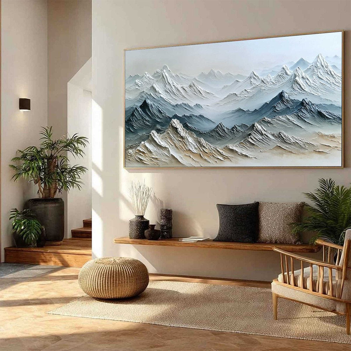 Eternal Summits hand-painted slate blue, ivory and soft grey textured mountain lake painting rolled canvas option