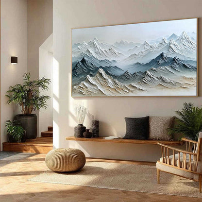 Eternal Summits hand-painted slate blue, ivory and soft grey textured mountain lake painting rolled canvas option