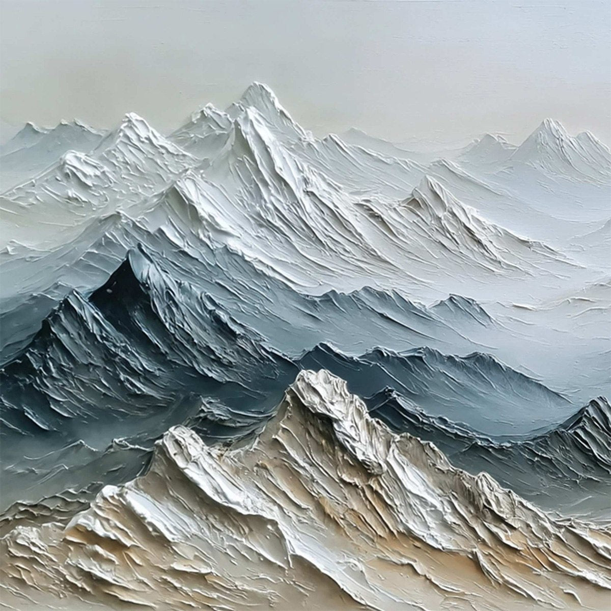 Eternal Summits hand-painted slate blue, ivory and soft grey textured mountain lake painting shown with gold frame