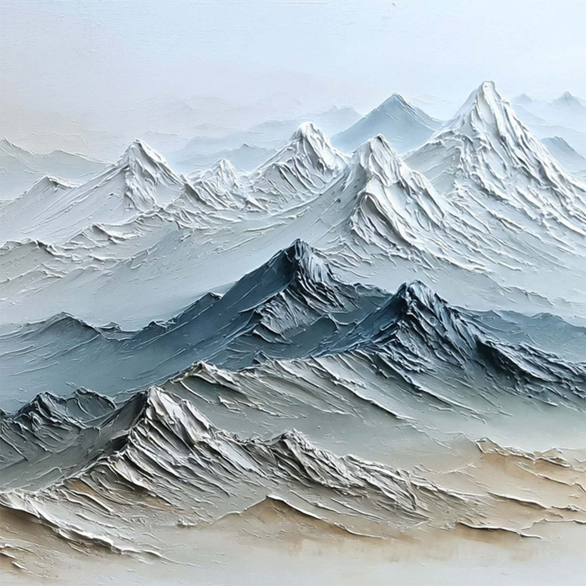Eternal Summits hand-painted slate blue, ivory and soft grey textured mountain lake painting shown with white frame