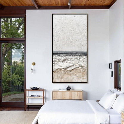 Eternal Shore hand-painted white and soft grey textured coastal abstract painting shown with wood frame