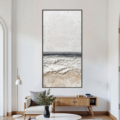 Eternal Shore hand-painted white and soft grey textured coastal abstract painting shown as stretched canvas