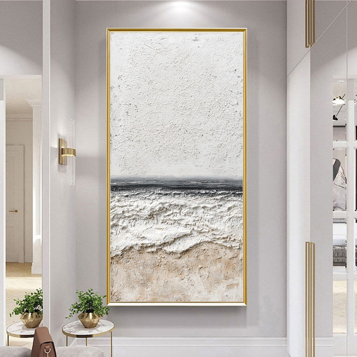 Eternal Shore hand-painted white and soft grey textured coastal abstract painting shown with silver frame