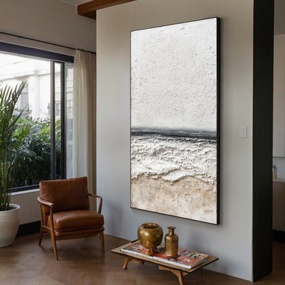 Eternal Shore hand-painted white and soft grey textured coastal abstract painting rolled canvas option
