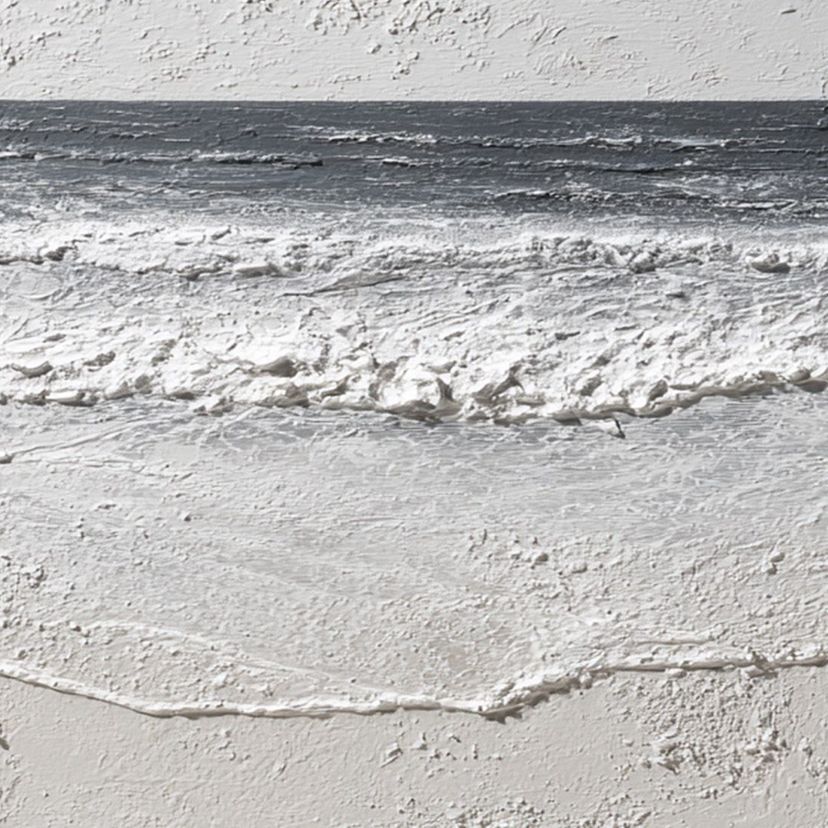 Eternal Shore hand-painted white and soft grey textured coastal abstract painting shown with gold frame