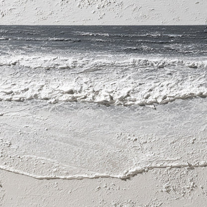 Eternal Shore hand-painted white and soft grey textured coastal abstract painting shown with gold frame