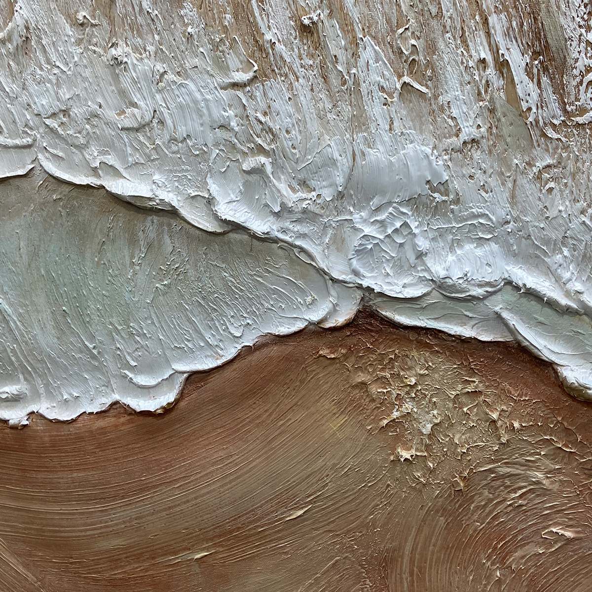 Eternal Tide hand-painted white, beige and sand textured ocean wave painting shown with white frame