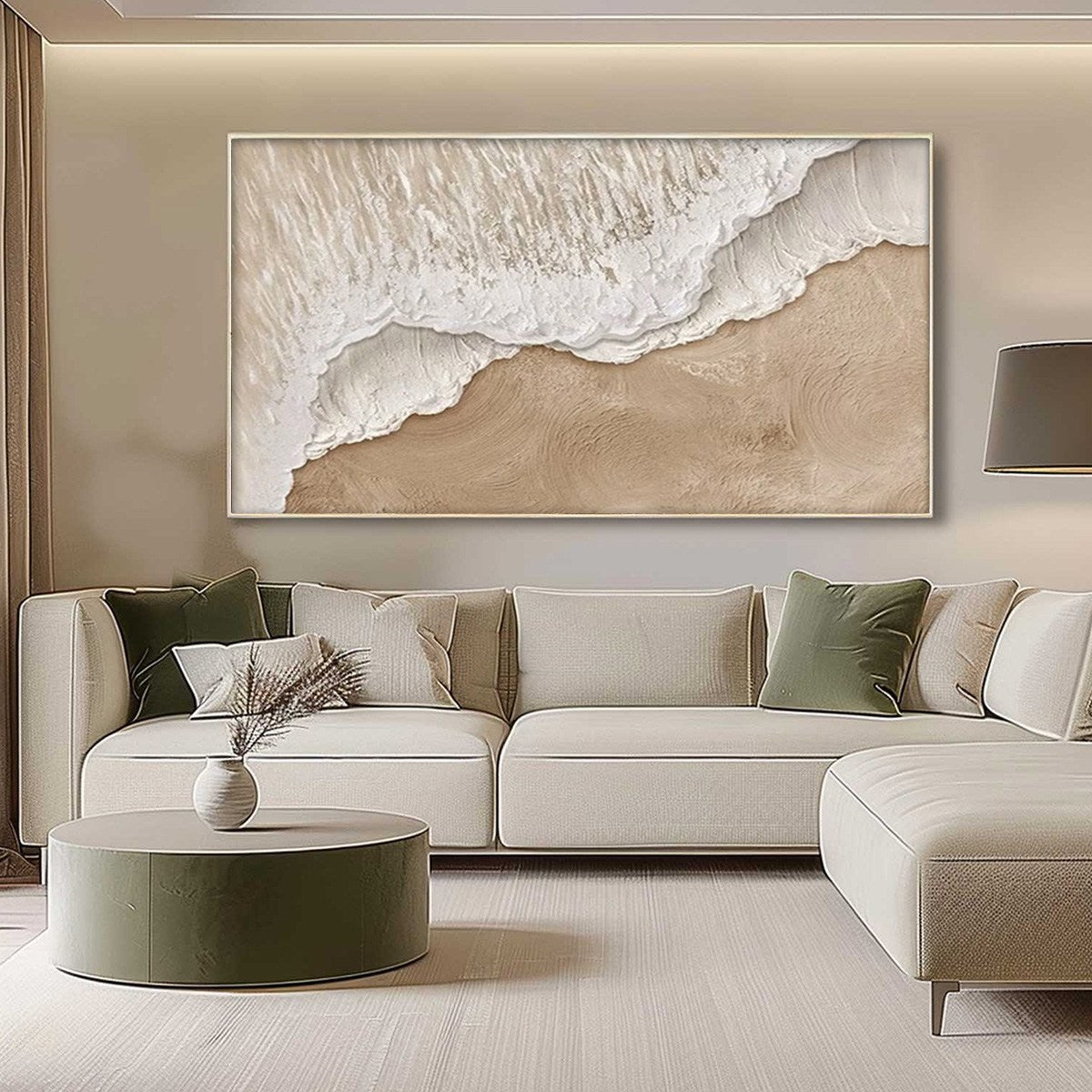 Eternal Tide hand-painted white, beige and sand textured ocean wave painting shown with wood frame