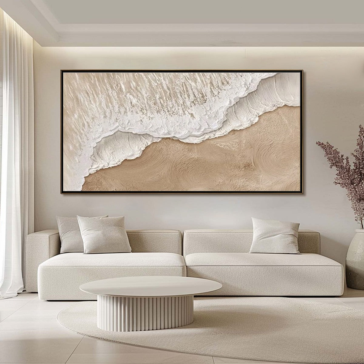 Eternal Tide hand-painted white, beige and sand textured ocean wave painting shown with gold frame