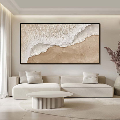 Eternal Tide hand-painted white, beige and sand textured ocean wave painting shown with gold frame