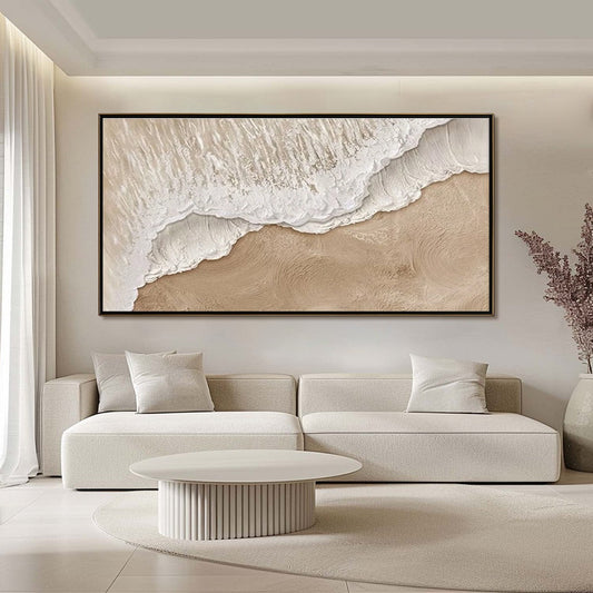 Eternal Tide hand-painted white, beige and sand textured ocean wave painting shown with gold frame