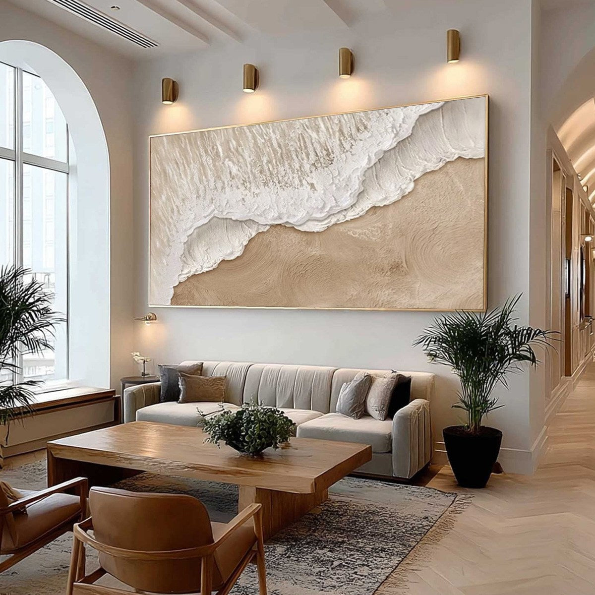 Eternal Tide hand-painted white, beige and sand textured ocean wave painting rolled canvas option