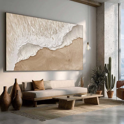 Eternal Tide hand-painted white, beige and sand textured ocean wave painting shown with gold frame