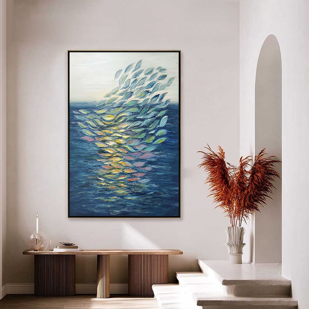 Ethereal Flow hand-painted ocean blue, green, yellow and pink textured coastal abstract painting shown with silver frame