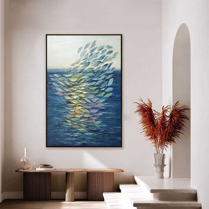 Ethereal Flow hand-painted ocean blue, green, yellow and pink textured coastal abstract painting shown with silver frame