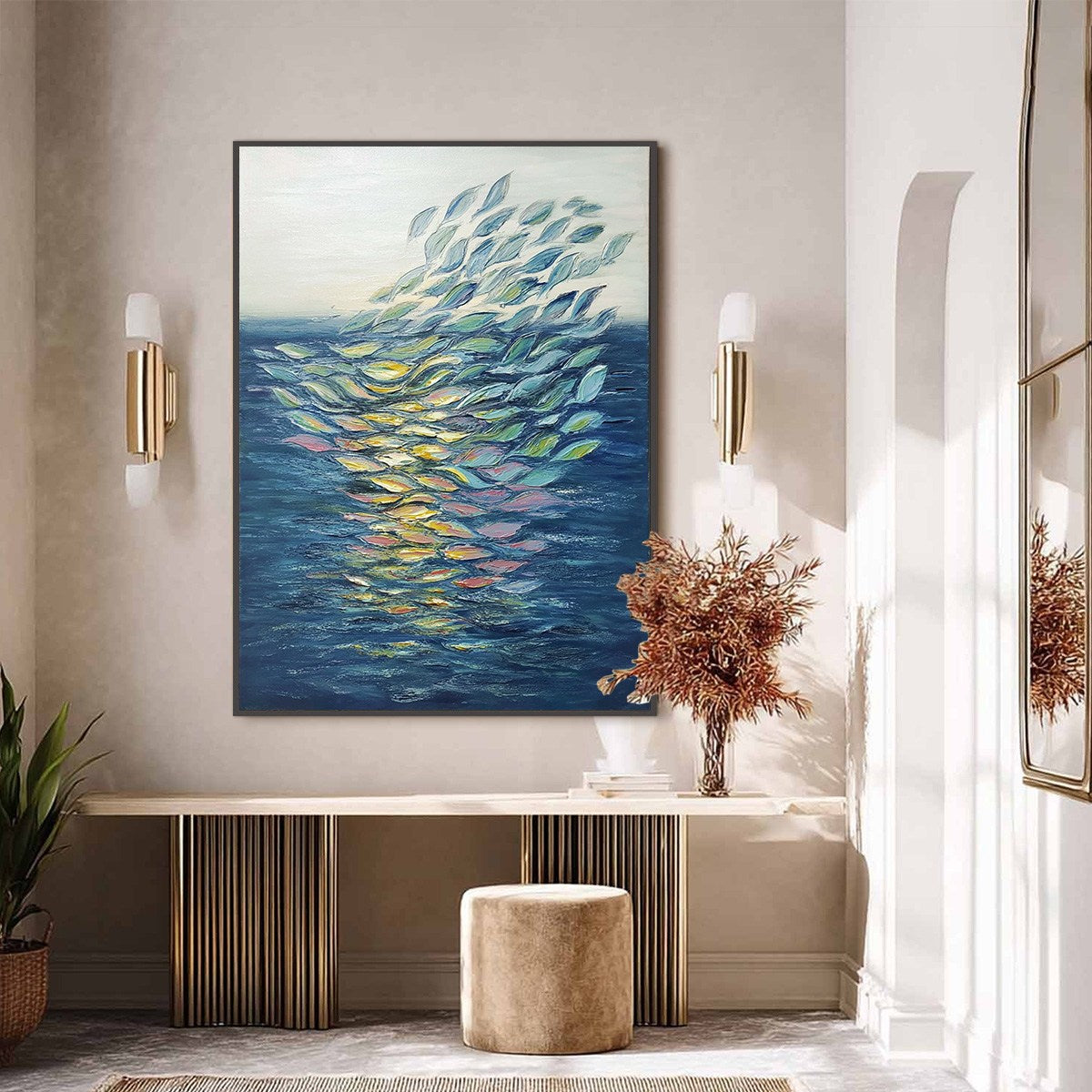 Ethereal Flow hand-painted ocean blue, green, yellow and pink textured coastal abstract painting shown with black frame