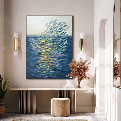 Ethereal Flow hand-painted ocean blue, green, yellow and pink textured coastal abstract painting shown with black frame