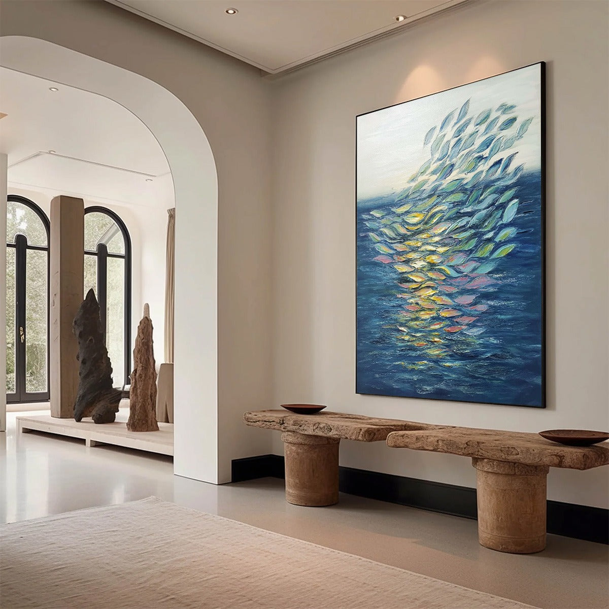 Ethereal Flow hand-painted ocean blue, green, yellow and pink textured coastal abstract painting shown with wood frame