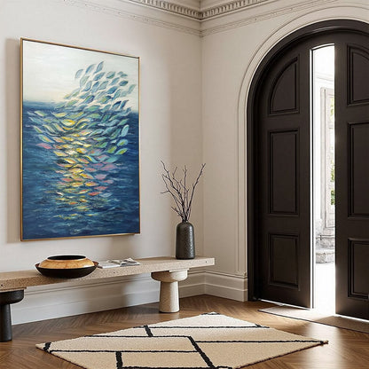 Ethereal Flow hand-painted ocean blue, green, yellow and pink textured coastal abstract painting rolled canvas option