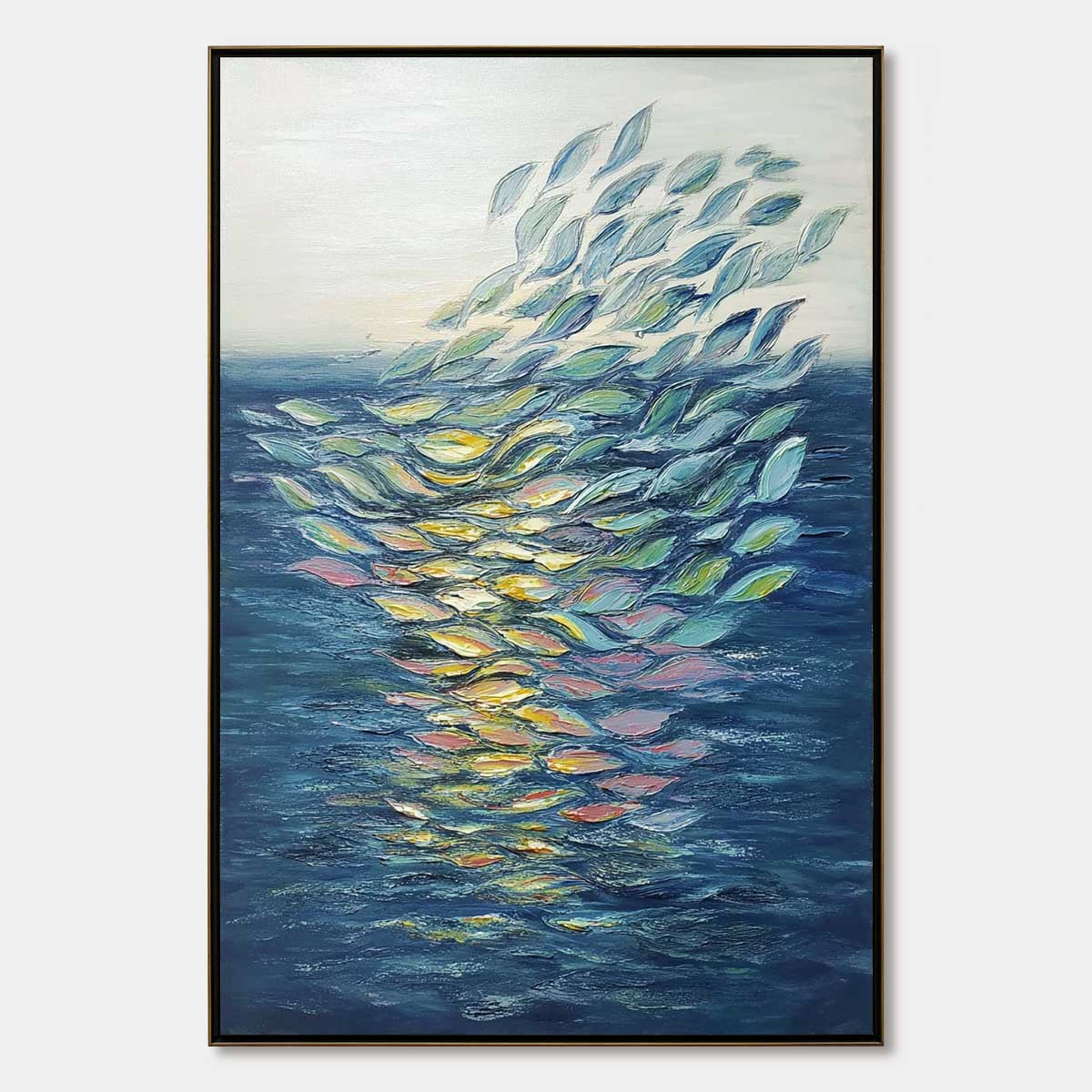 Ethereal Flow hand-painted ocean blue, green, yellow and pink textured coastal abstract painting rolled canvas option