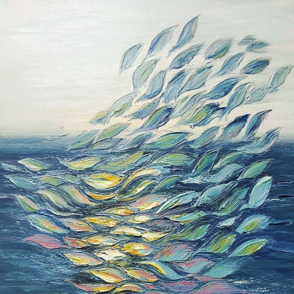 Ethereal Flow hand-painted ocean blue, green, yellow and pink textured coastal abstract painting shown with gold frame