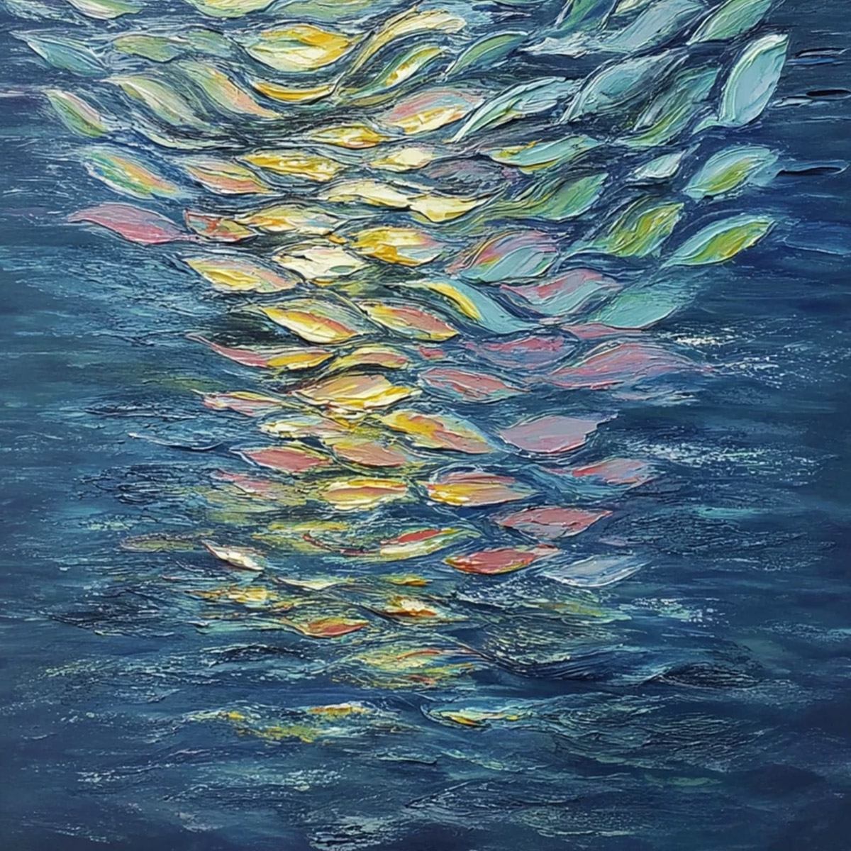 Ethereal Flow hand-painted ocean blue, green, yellow and pink textured coastal abstract painting shown with white frame