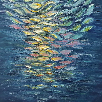 Ethereal Flow hand-painted ocean blue, green, yellow and pink textured coastal abstract painting shown with white frame