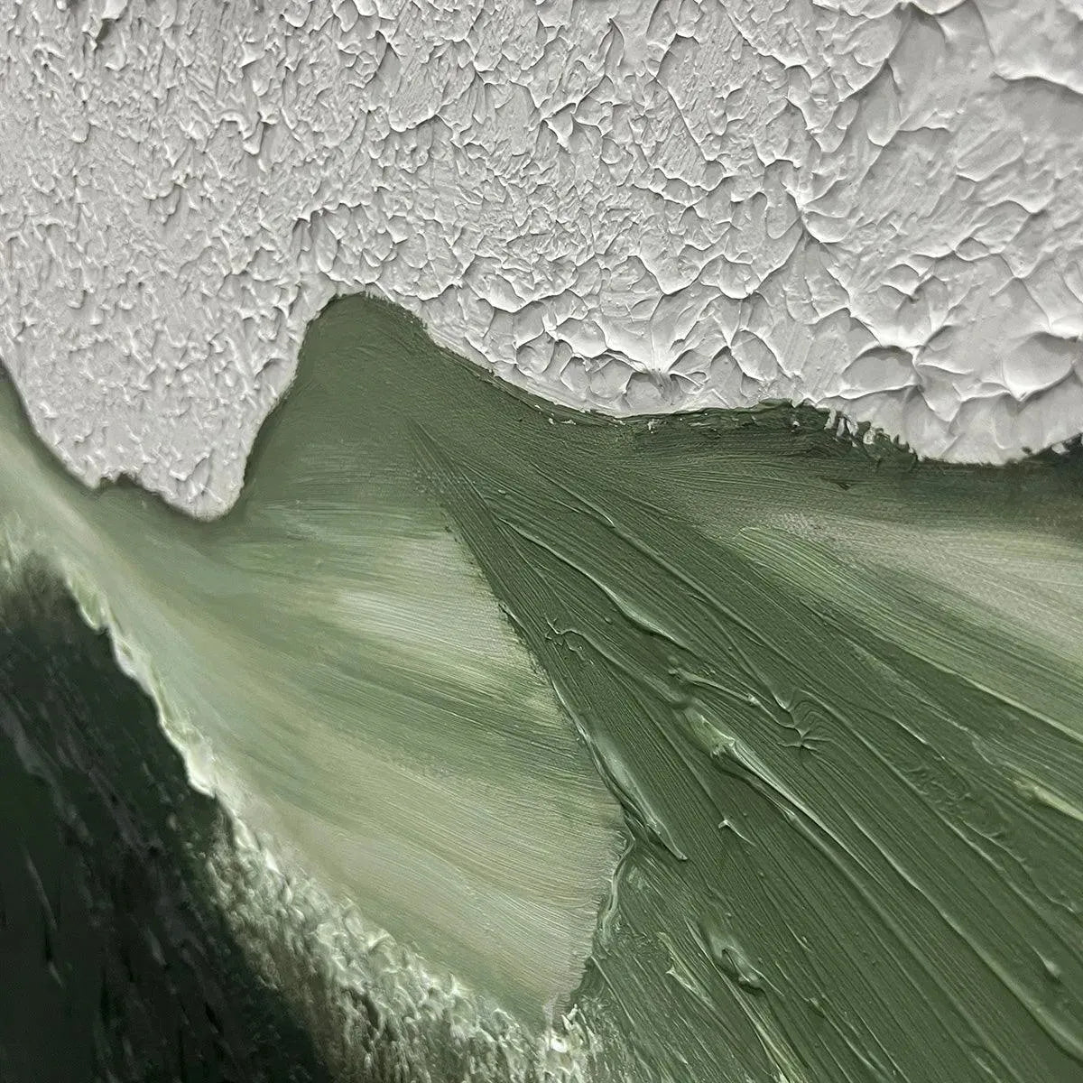 Sage River hand-painted white and sage green textured coastal landscape painting shown with silver frame