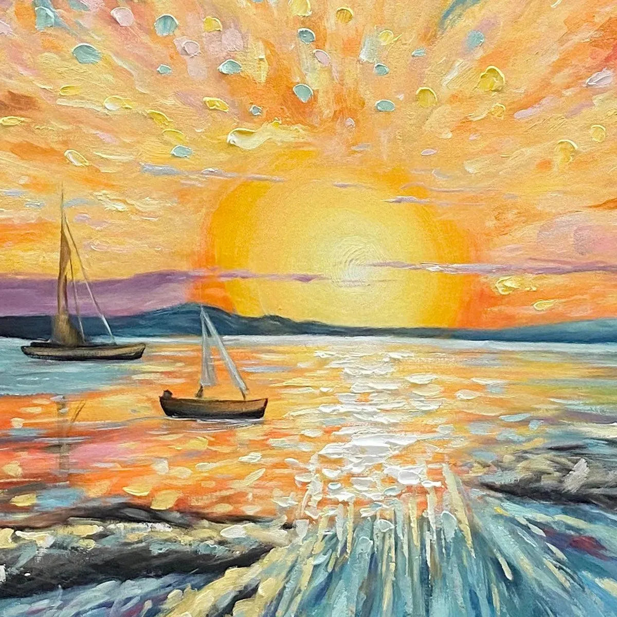 Sailing At Sunset hand-painted ocean blue, ivory and soft neutral tones textured sailboat seascape painting shown with gold frame