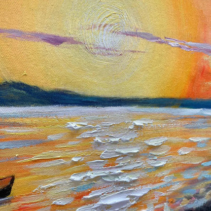 Sailing At Sunset hand-painted ocean blue, ivory and soft neutral tones textured sailboat seascape painting shown with black frame