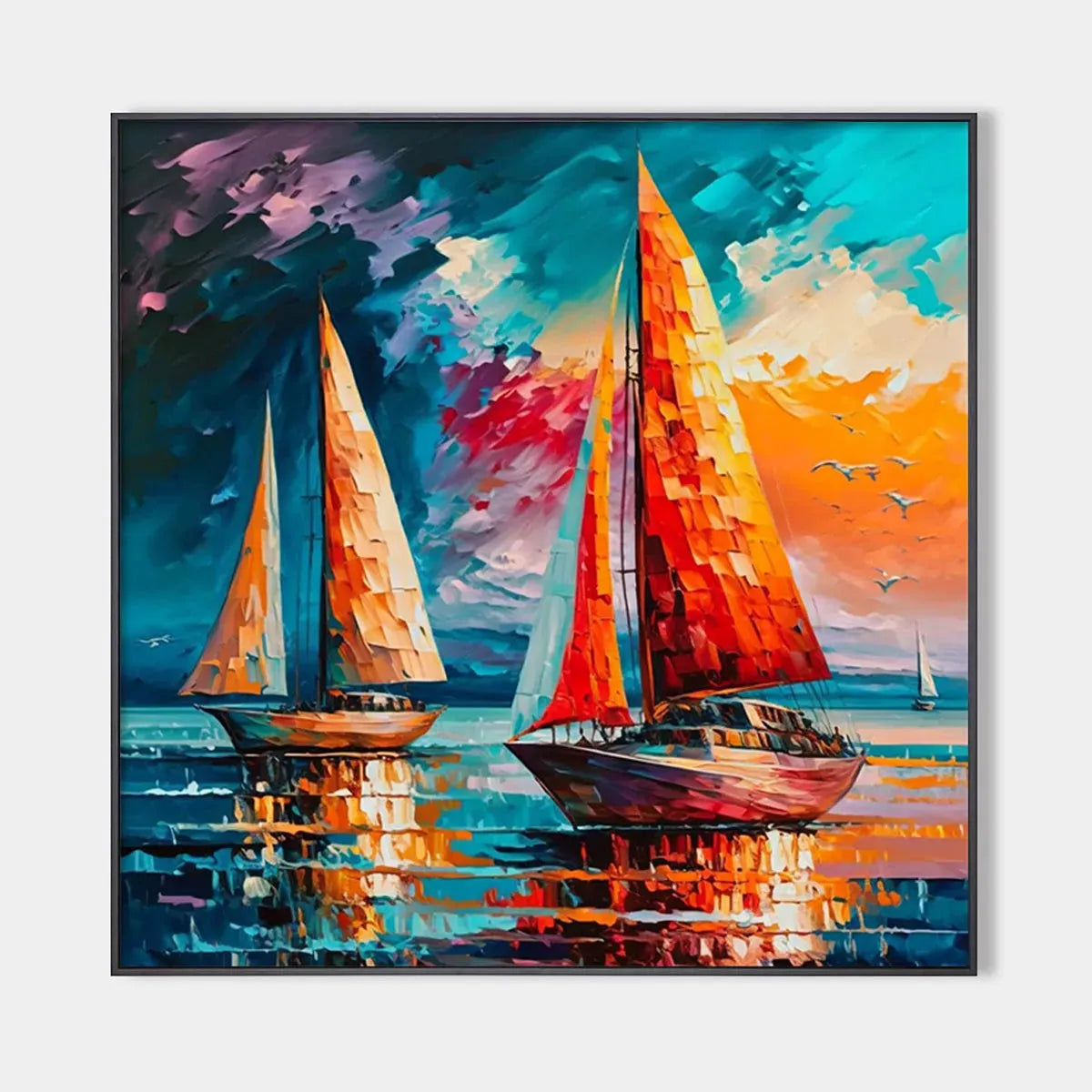Evening Sail hand-painted ocean blue, ivory and soft neutral tones textured sailboat seascape painting rolled canvas option