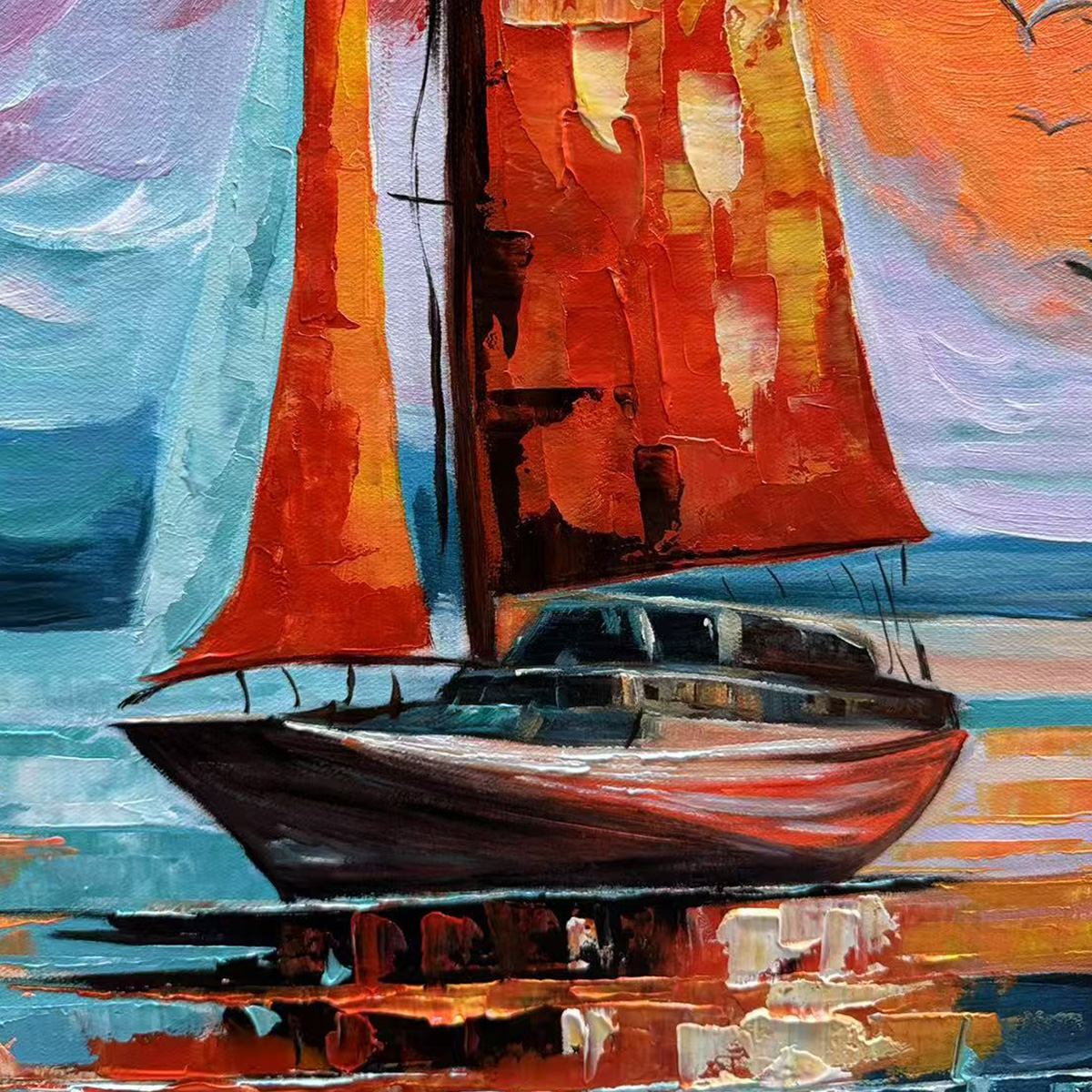 Evening Sail hand-painted ocean blue, ivory and soft neutral tones textured sailboat seascape painting shown with silver frame