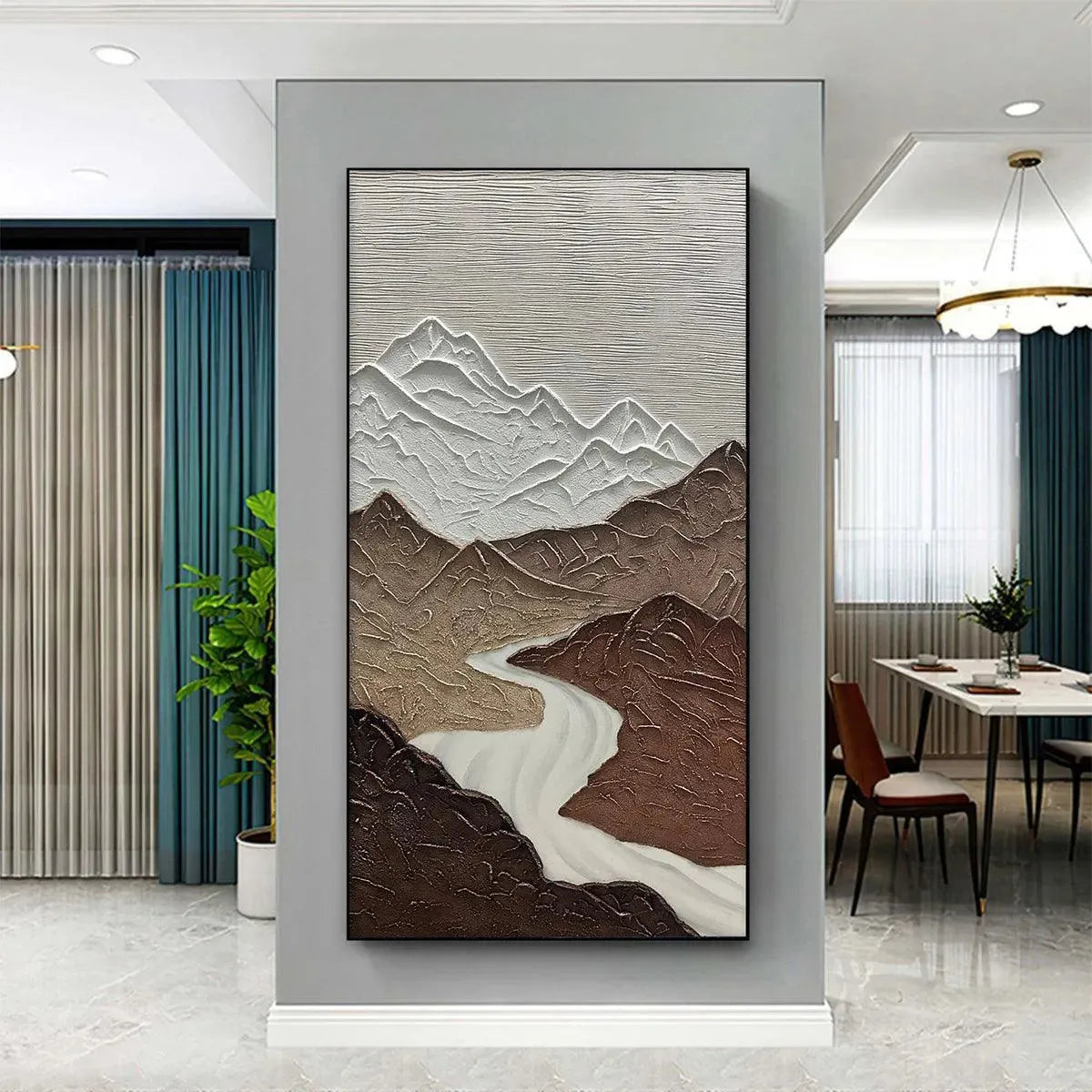 Earth River hand-painted white and earth brown textured mountain river landscape painting shown as stretched canvas