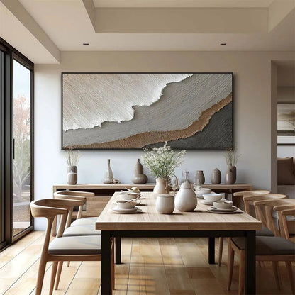 Earth Tones hand-painted white, beige, soft grey and earth brown textured coastal landscape painting shown as stretched canvas