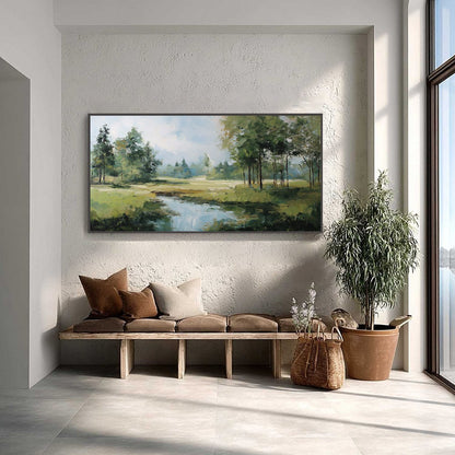 Emerald Sanctuary hand-painted emerald green and ivory textured forest landscape painting shown as stretched canvas