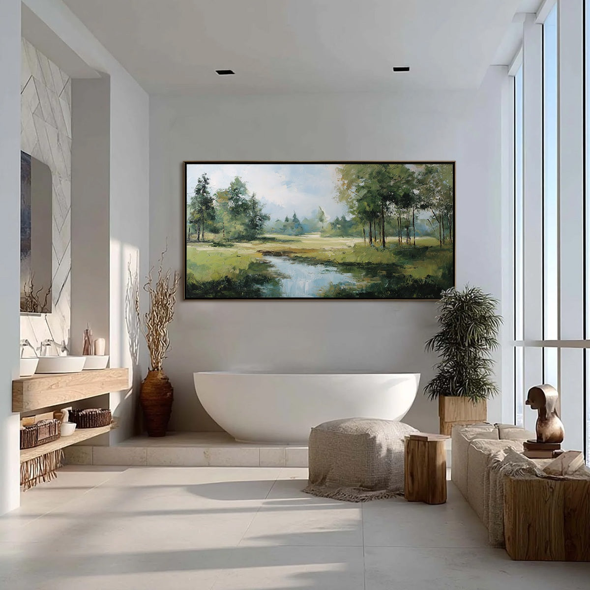 Emerald Sanctuary hand-painted emerald green and ivory textured forest landscape painting shown with silver frame
