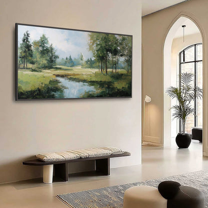 Emerald Sanctuary hand-painted emerald green and ivory textured forest landscape painting shown with wood frame