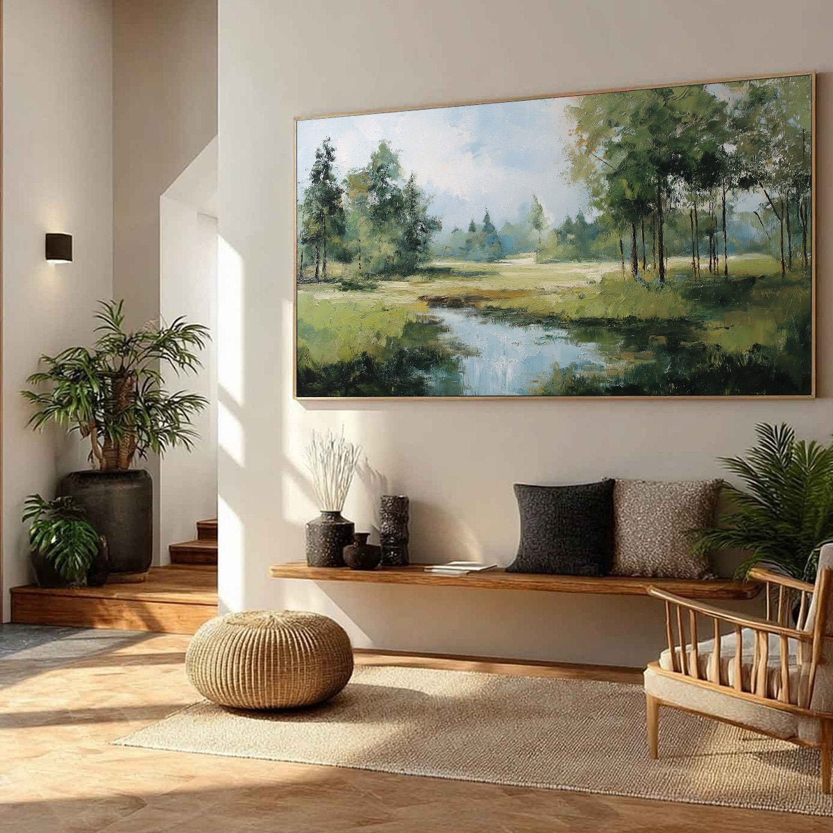 Emerald Sanctuary hand-painted emerald green and ivory textured forest landscape painting rolled canvas option