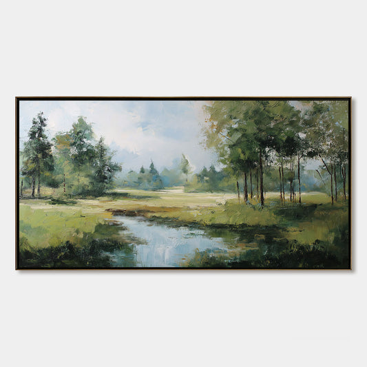 Emerald Sanctuary hand-painted emerald green and ivory textured forest landscape painting rolled canvas option