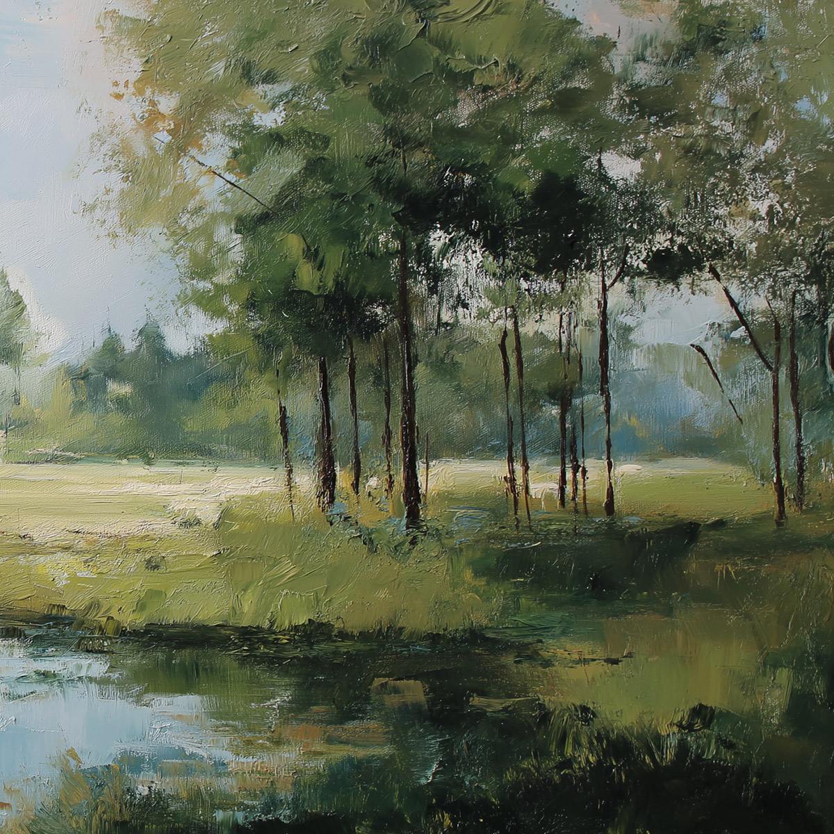 Emerald Sanctuary hand-painted emerald green and ivory textured forest landscape painting shown with white frame