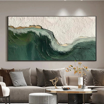 Emerald Depths hand-painted white and emerald green textured ocean wave painting shown with gold frame